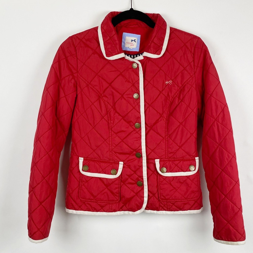Tommy Girl Quilted Red Field Jacket Bow Accent Navy Stripe Kid Size M Snap Front